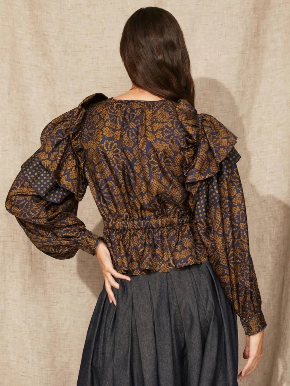 Ulla Johnson Indra Blouse Woven Puff-Sleeve Peplum Top in Navy Sz 12